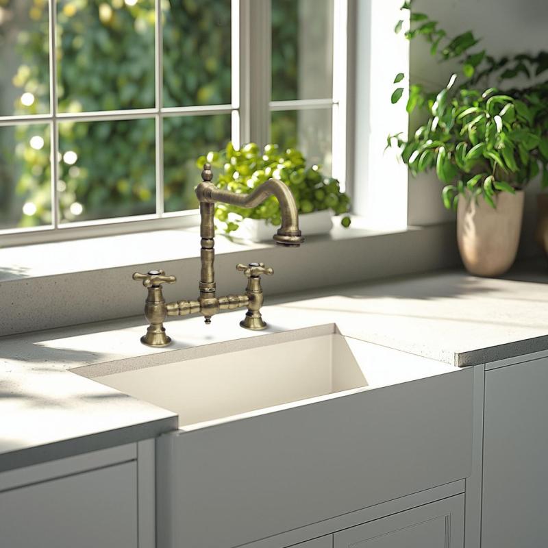 PB Nostalgická kuchynská batéria s bronzovým mostom, hranatým výtokom a hviezdicovými rukoväťami PBN.BRO.H.ST
