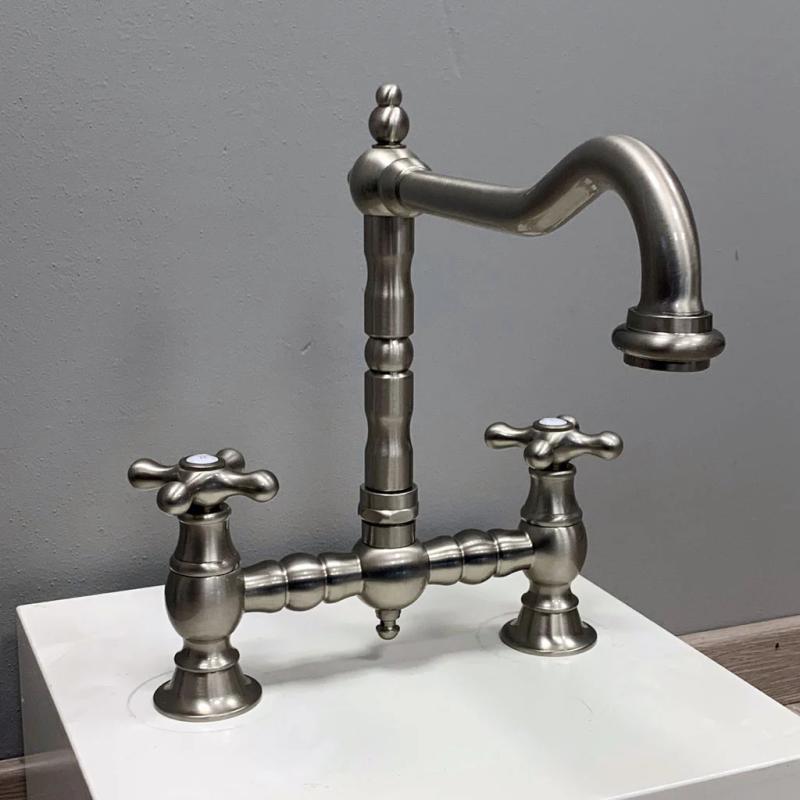 PB Nostalgická kuchynská batéria s výtokom v tvare písmena L a hviezdicovými rukoväťami, nerezová oceľ PBN.RVS.H.ST