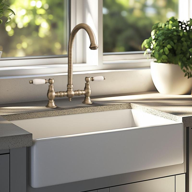 PB Nostalgická kuchynská batéria s bronzovým mostom, okrúhly výtok, biele rukoväte PBN.BRO.R.WH