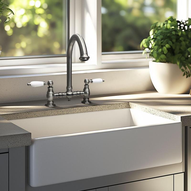 PB Nostalgická kuchynská batéria s oblúkovým výtokom z nehrdzavejúcej ocele s bielymi rukoväťami PBN.RVS.R.WH