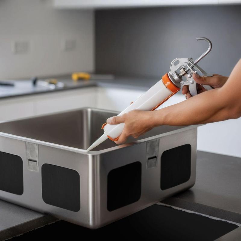 Kyselinovzdorné silikónové lepidlo na montáž nerezových umývadiel pod pracovnú dosku.