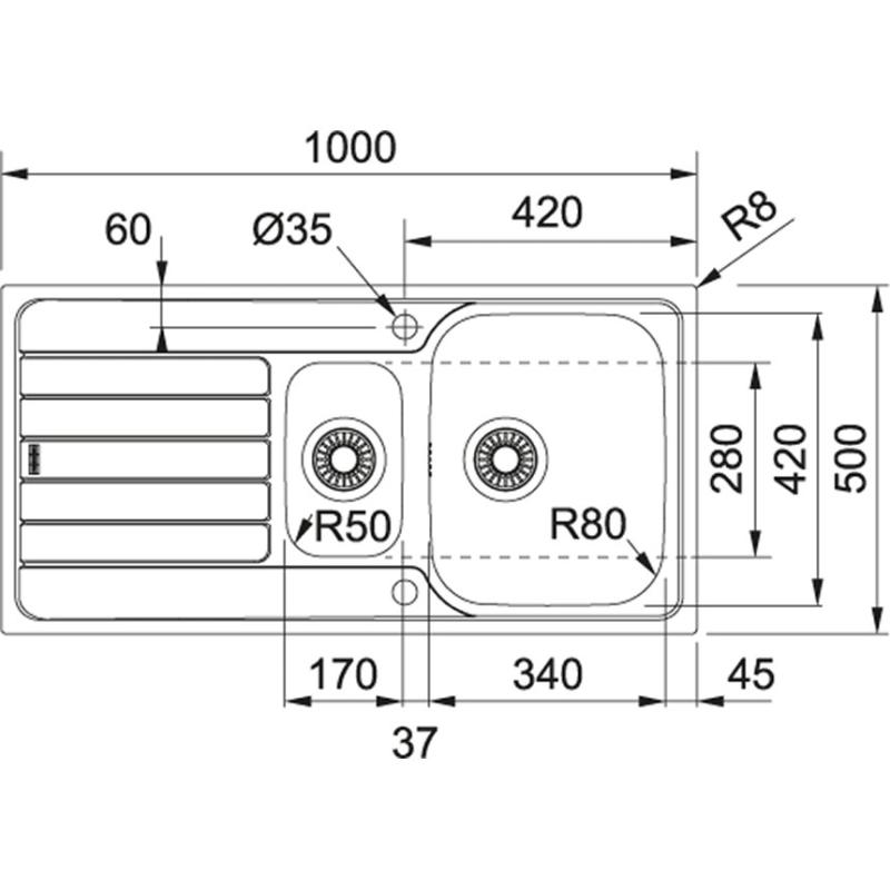 Franke Spark SKX 651 nerezový drez s jednou a pol vaničkou na montáž na pracovnú dosku, s odkvapkávačom, obojstranný, 101.0315.546