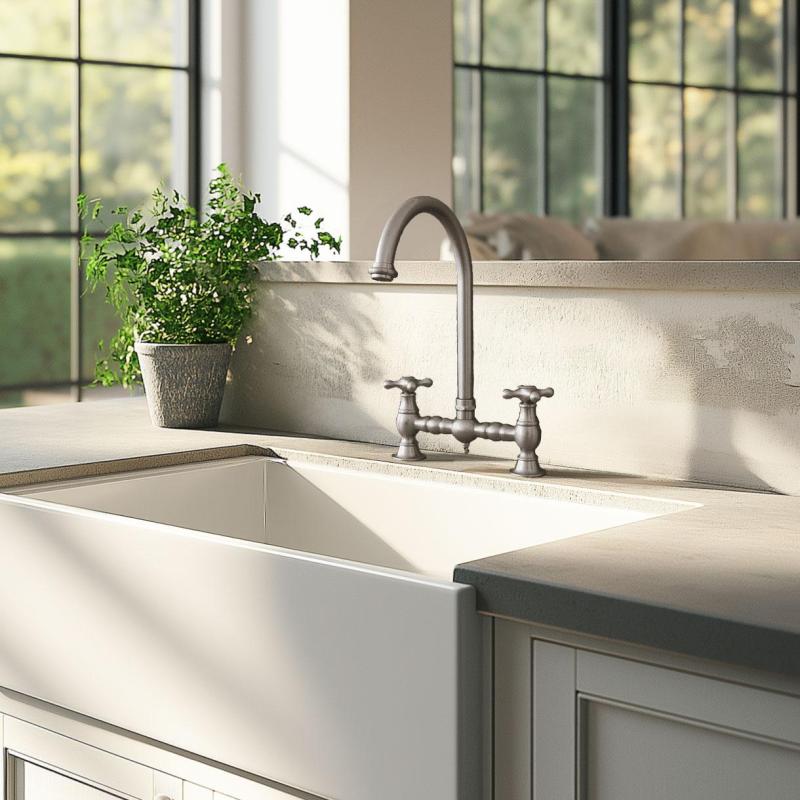 PB Nostalgická kuchynská batéria s mostíkom z nehrdzavejúcej ocele s okrúhlym výtokom a hviezdicovými rukoväťami PBN.RVS.R.ST