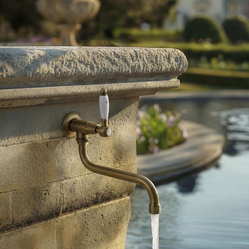 PB klasický nástenný fontánový kohútik s bielou pákou na studenú vodu a dlhým výtokom bronz 1208853602