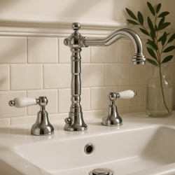 PB klasická batéria na umývadlo s tromi otvormi Biele rukoväte Chróm 1208854262