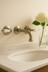 PB klasický nástenný kohútik s bielymi pákami, 16 cm výtok, nerezová oceľ 1208854342