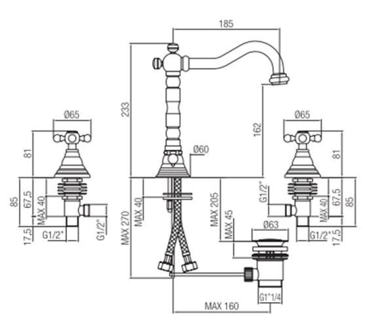 PB klasická 3-otvorová umývadlová batéria s hviezdicovými rukoväťami, výtok 18,5 cm Chróm 1208854922