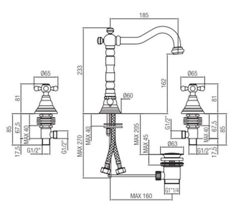 PB klasická 3-otvorová umývadlová batéria s hviezdicovými rukoväťami, výtok 18,5 cm, nerez 1208854952