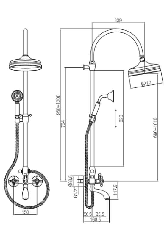 PB klasická sprchová sada na povrchovú montáž s dažďovou sprchou, hviezdicovými rukoväťami, bronz 1208855872