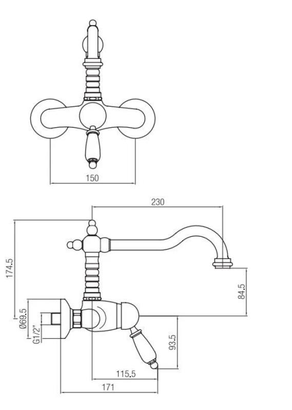 PB nostalgická nástenná batéria s jednou rukoväťou, biela rukoväť, chróm
