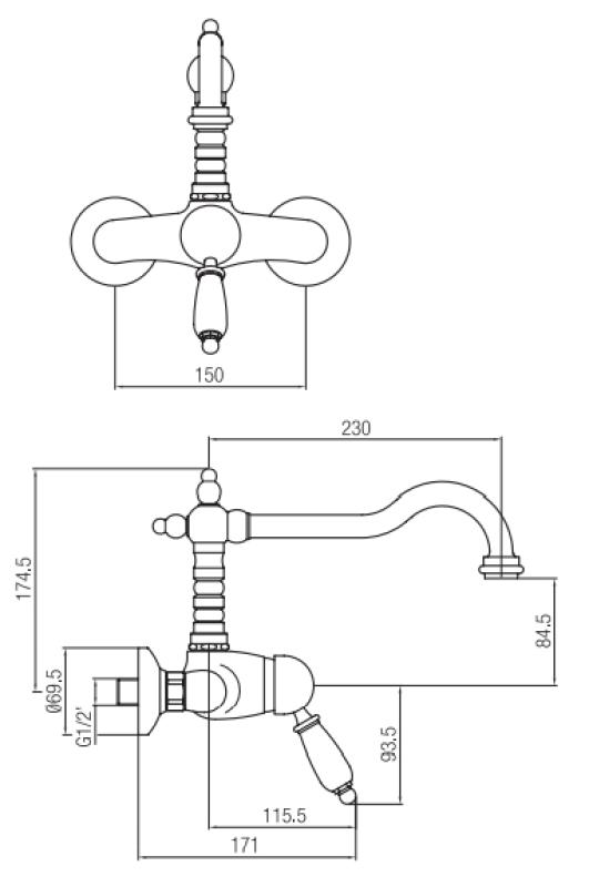 PB nostalgická nástenná batéria s jednou pákou, biela rukoväť, nerezová oceľ