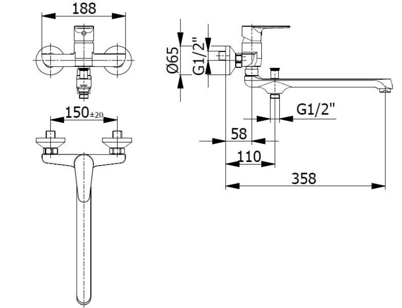 Blusani špeciálna nástenná batéria Murová batéria Chróm s dlhou výtokovou trubicou 35 cm a ručnou sprchou 1208952919