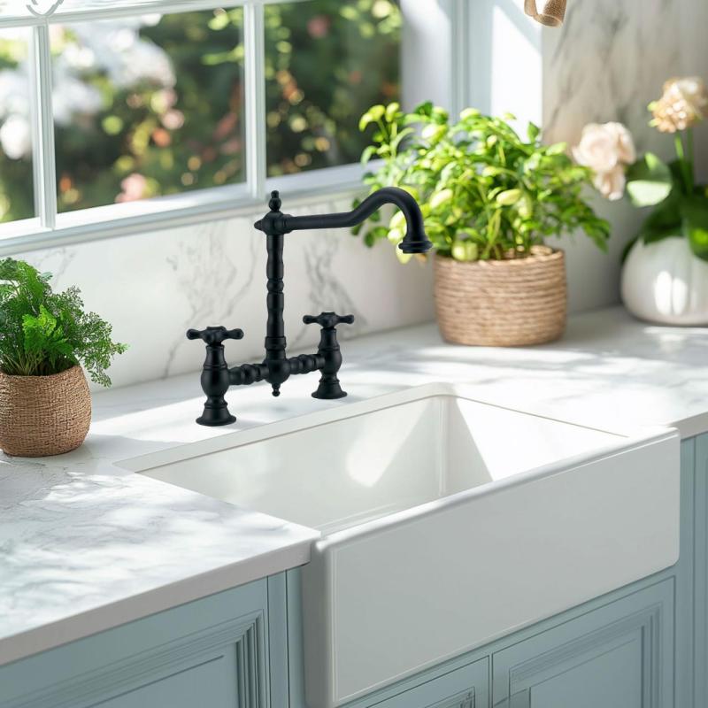 PB Nostalgická mostová kuchynská batéria Matná čierna s kolenovým výtokom a hviezdicovými rukoväťami PBN.ZW.H.ST