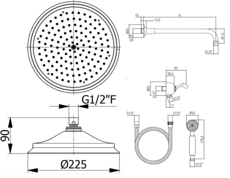 PB classic nostalgická klasická vstavaná sprchová sada chrómová s ručnou sprchou a dažďovou sprchou 225 mm 1208953841