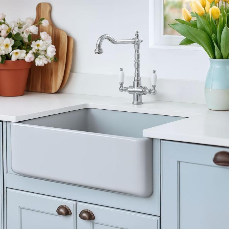 PB Nostalgická klasická vidiecka kuchynská batéria chróm s bielymi rukoväťami 1208953911