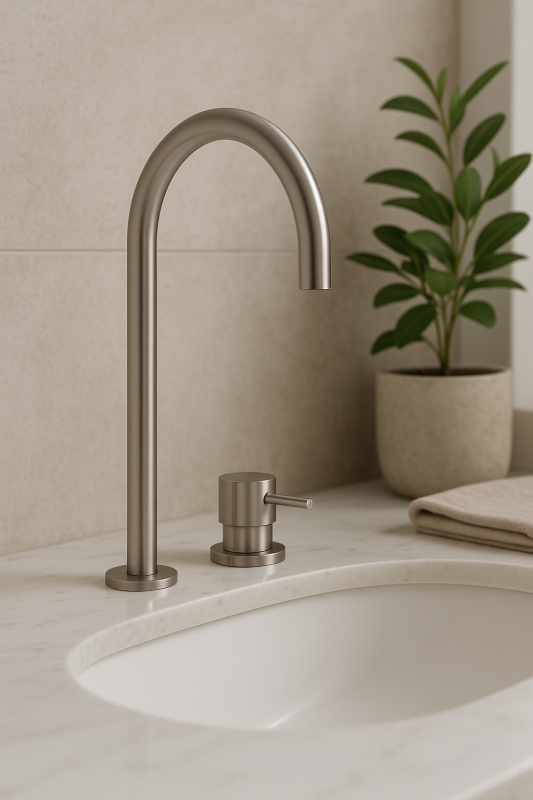 Waterevolution Flow 2-otvorová umývadlová batéria, celá z nehrdzavejúcej ocele, s vysokým výtokom 200 mm T1122UIE