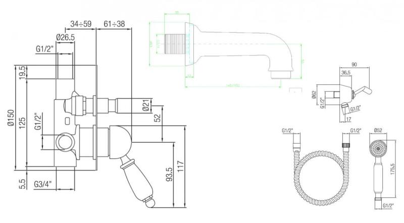 PB nostalgická vstavaná vaňová súprava Bronz