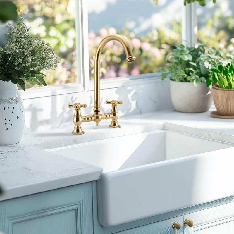 PB Nostalgická kuchynská batéria Most Mosadz Prírodná okrúhla výpusť s hviezdicovými rukoväťami 1208954669