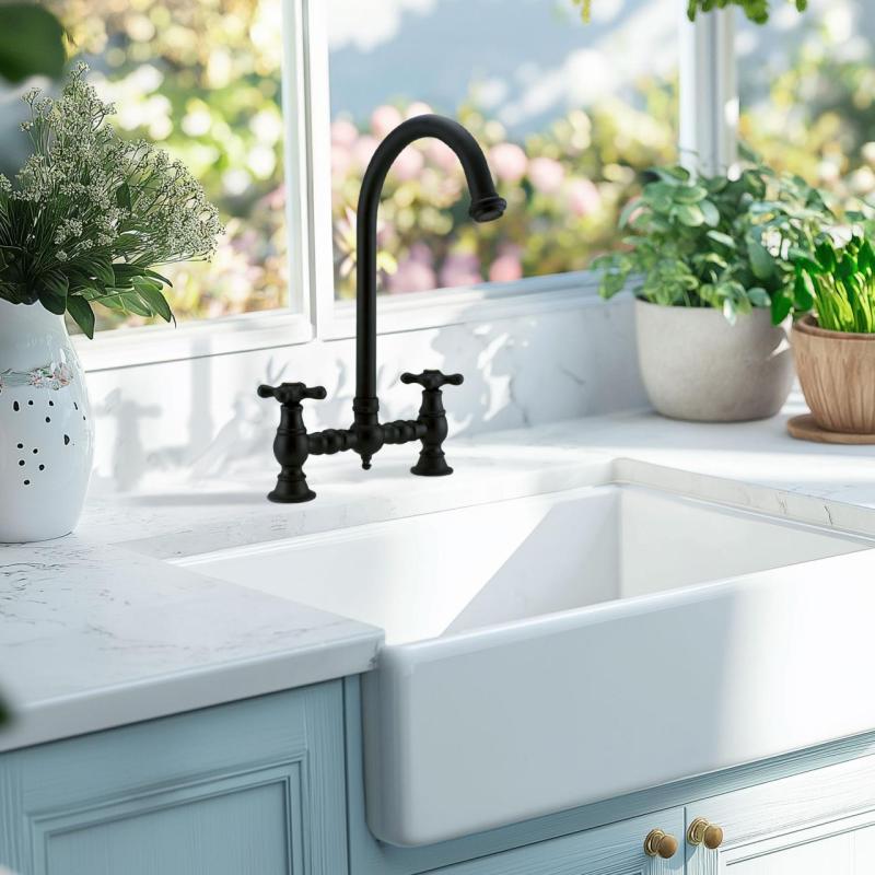 PB Nostalgická kuchynská batéria s mostíkom, matná čierna, okrúhly výtok s hviezdicovými rukoväťami 1208954671