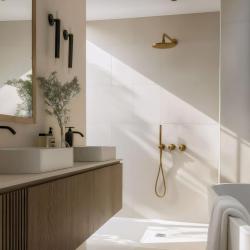 Waterevolution Flow vstavaná sprchová sada s termostatom, dažďovou sprchou a ručnou sprchou v brúsenom mosadze.