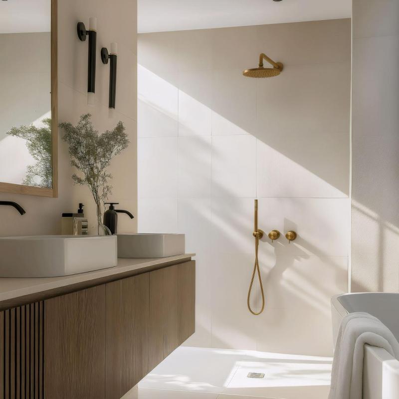 Waterevolution Flow vstavaná sprchová sada s termostatom, dažďovou sprchou a ručnou sprchou v brúsenom mosadze.