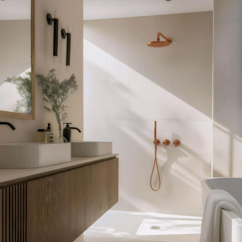 Waterevolution Flow vstavaná sprchová sada s termostatom, dažďovou sprchou a ručnou sprchou v kartáčovanej medi PVD