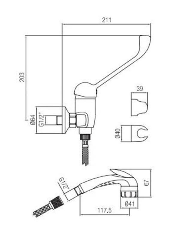 PB Clinic sprchová batéria pre osoby so zdravotným postihnutím s dlhou pákou, chrómová, s ručnou sprchou 1208956283