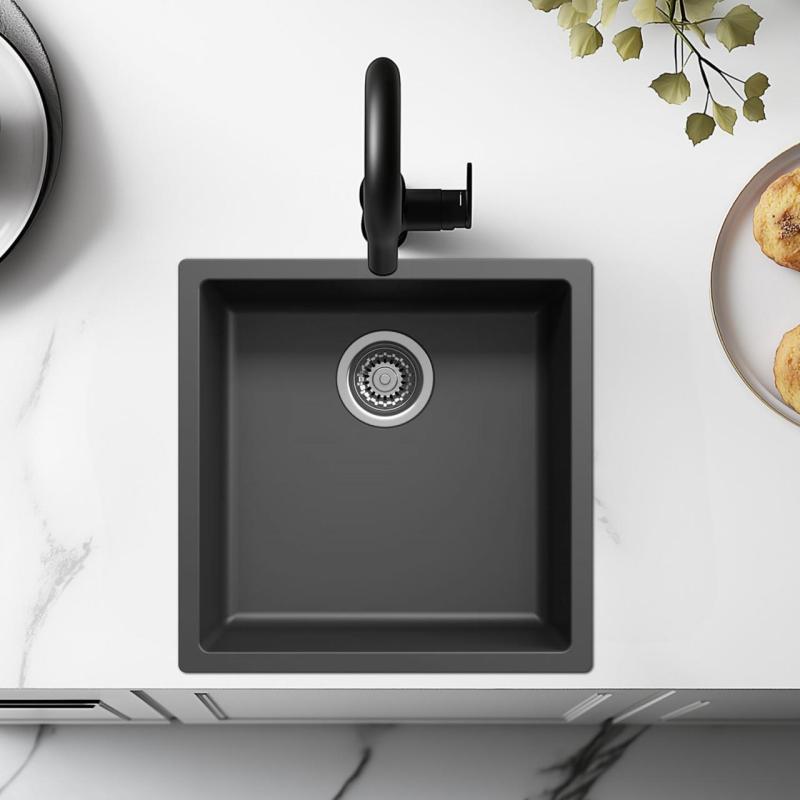 Čierny drez 40x40cm podmontáž, nadmontáž a rovnobežná montáž s nerezovou zátkou 1208956390