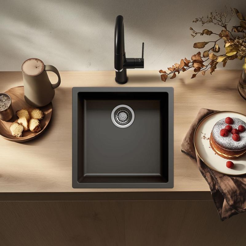 Čierny drez 40x40cm podmontáž, nadmontáž a rovnobežná montáž s nerezovou zátkou 1208956390