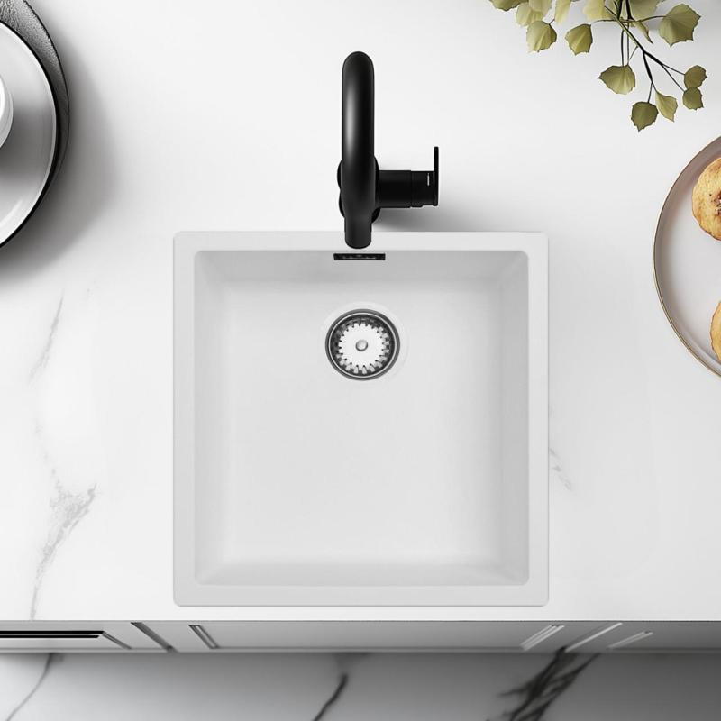 Biele umývadlo 40x40 cm podstavba, nadstavba a rovná konštrukcia s nerezovou zátkou 1208956392