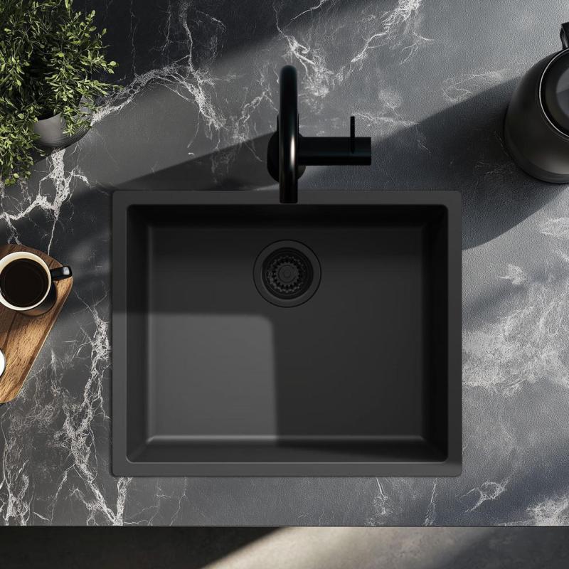 Čierny drez 50x40cm podmontáž, horná montáž a rovná montáž s čiernym zátkou 1208956396