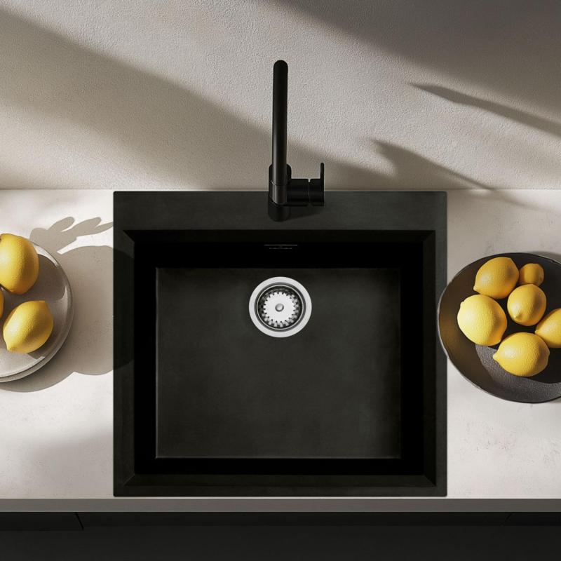 Čierny montážny drez 58 x 53 cm s otvorom na batériu a nerezovou zátkou 1208956732