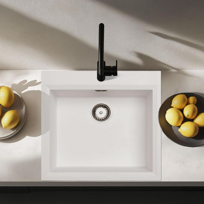 Biele nástenná umývadlo 58x53 cm s otvorom na batériu a nerezovou zátkou 1208956763