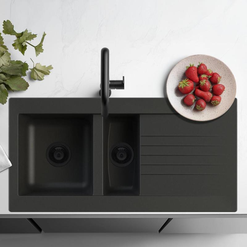 Ausmann Fibre 1,5 čierny plastový drez otočný s odkvapkávacou doskou 100x50 cm s čiernym zátkou 1208956784