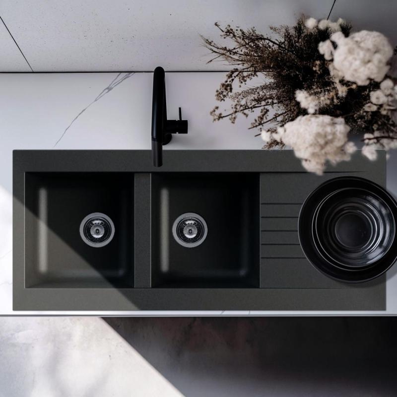 Dvojitý čierny plastový drez Ausmann Fibre, obojstranný s odkvapkávačom, montáž na pracovnú dosku, 116x50 cm, 1208956787