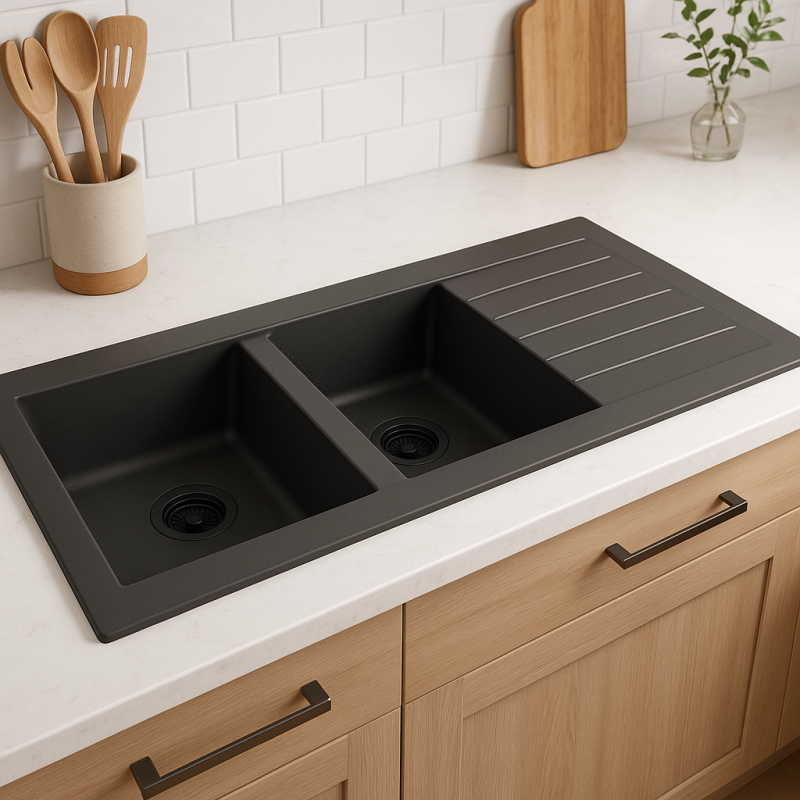 Ausmann Fibre dvojdrez z čierneho plastu obojstranný s odkvapkávačom na povrchovú montáž 116x50 cm s čiernou zátkou 1208956790