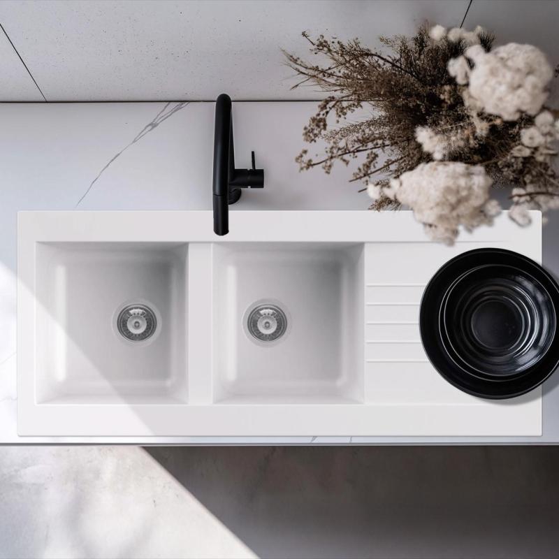 Ausmann Fibre dvojitý biely plastový drez, obojstranný s odkvapkávačom, 116x50 cm, 1208956794