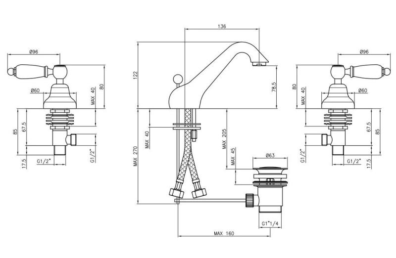 PB klasický kohútik 3-otvorová nízka umývadlová batéria Biele rukoväte Nerezová oceľ 1208956908