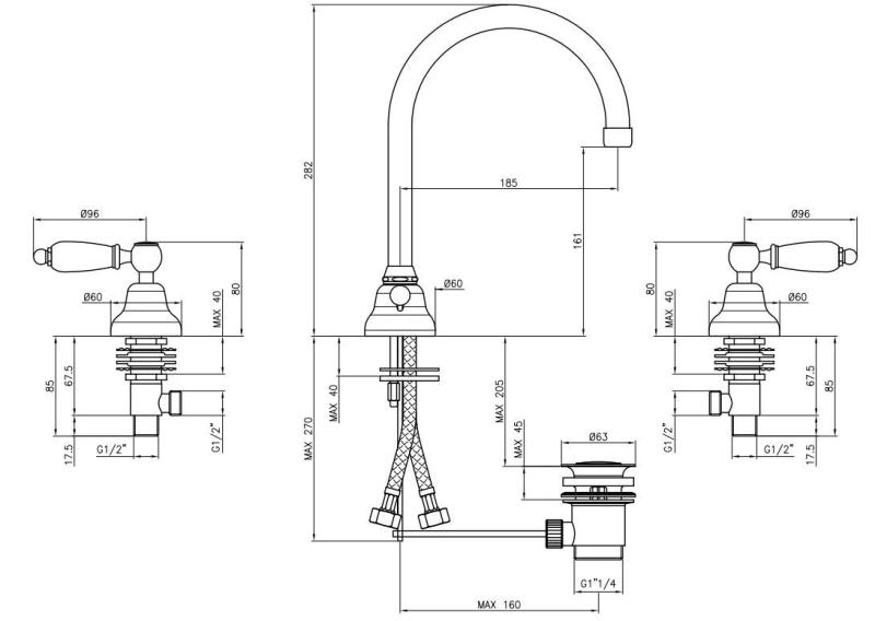PB klasická batéria, 3-otvorová umývadlová batéria, Biele rukoväte s okrúhlym výtokom, nerezová oceľ 1208956914