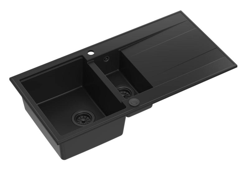 Quadri Luton čierny žulový drez s 1,5 vaničkou a odkvapkávačom, obojstranný, 100x50 cm, s čiernou zátkou 1208957329