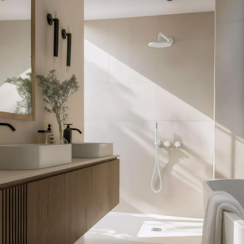 Waterevolution Flow vstavaná sprchová súprava matná biela s termostatom, dažďovou sprchou a ručnou sprchou 1208957344