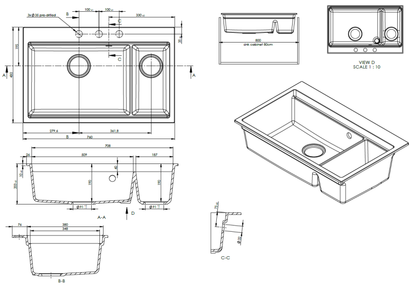 GraniteMy Limited veľký 1,5 granitový povrchový a podstavný čierny drez vrátane príslušenstva 76x48 cm 1208957389