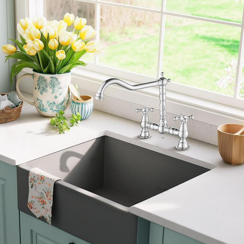 AquaTrimo Windsor 2-otvorová klasická kuchynská nostalgická mostová kuchynská batéria s kolenovým výtokom chróm 21WS7653CM