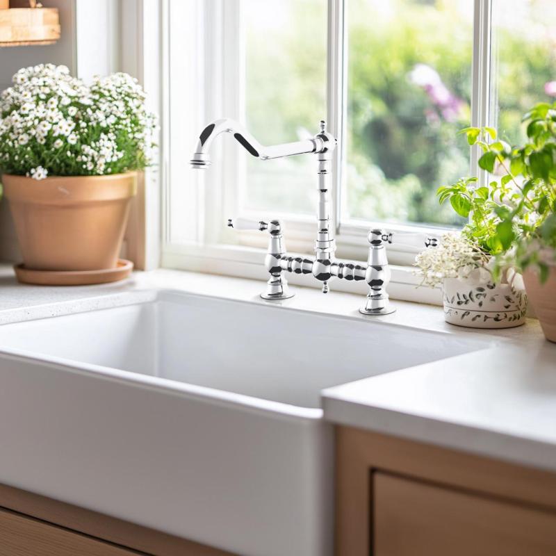 AquaTrimo Country 2-otvorová klasická kuchynská nostalgická mostová kuchynská batéria s pravouhlým výtokom chróm 21CT7657CM