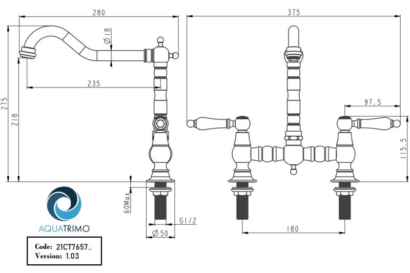 AquaTrimo Country 2-otvorová klasická kuchynská nostalgická mostová kuchynská batéria s pravouhlým výtokom chróm 21CT7657CM