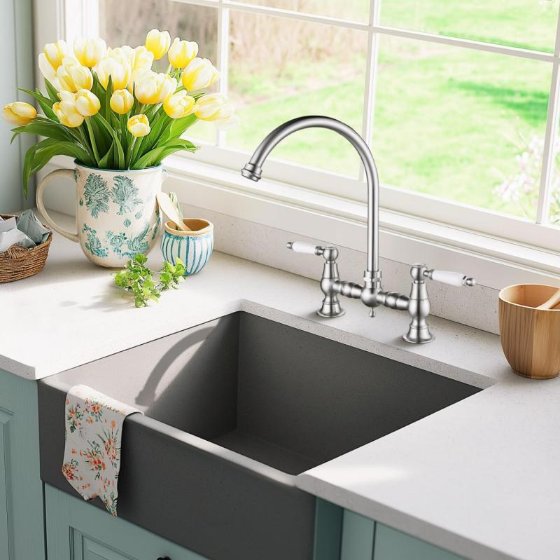 AquaTrimo Country 2-otvorová klasická kuchynská nostalgická mostová kuchynská batéria s oblúkovým výtokom, farba nerez, 21CT7655NM