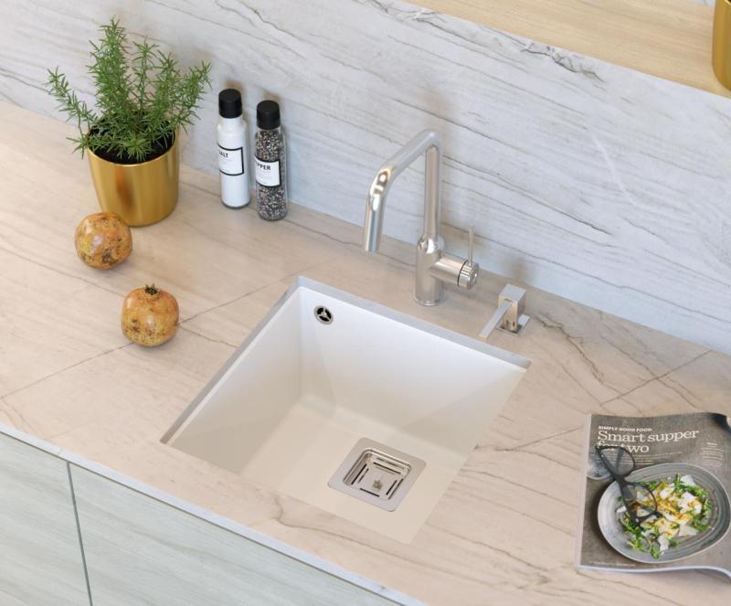 Quadri Quadrangle biely žulový podmontážny drez 42x42 cm s nerezovou zátkou 1208957886