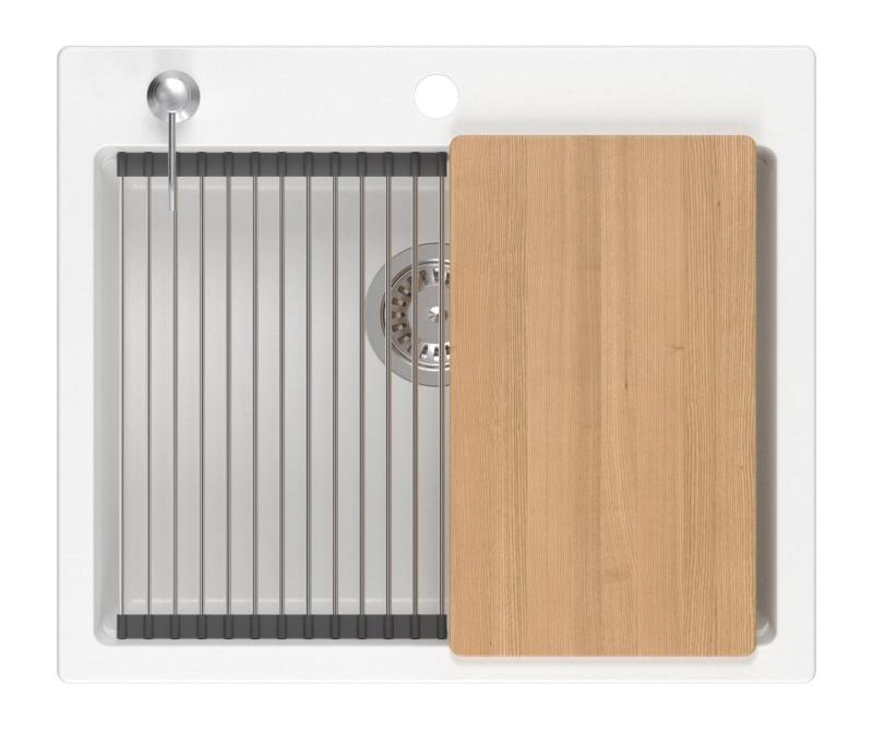 Quadri Durham biely granitový drez na montáž 595x500 so sprchovačom na mydlo, doskou na krájanie, rolovacou podložkou, vnútorným drezom a rolovacou podložkou 1208957903