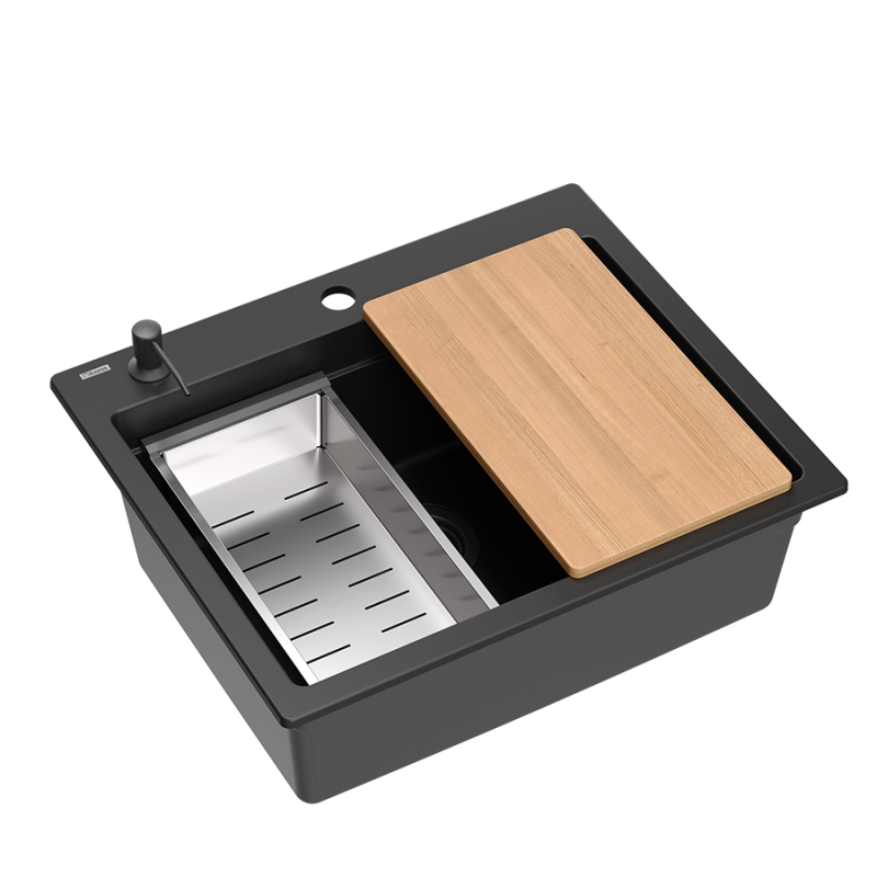 Quadri Durham čierna granitová nadstavbová umývadlo 595x500 so saponátovou dávkovačom, doskou na krájanie, vkladacím drezom a rolovacou podložkou 1208957904