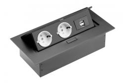 Predlžovací kábel na stôl, 2x zásuvka Schuko, 2xUSB, bez kábla, čierny 1208958686